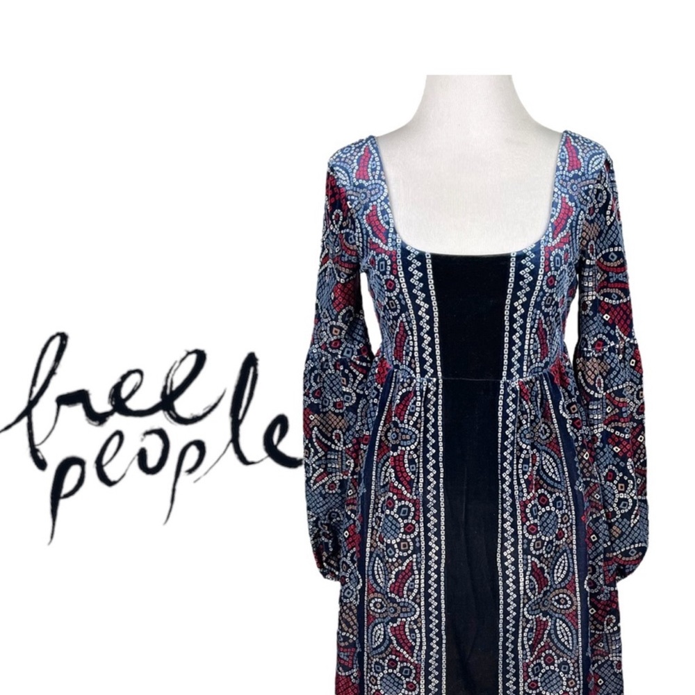 Free People Oh So Easy Babydoll Dress Blue Velvet XS Puff Sleeve Renaissance